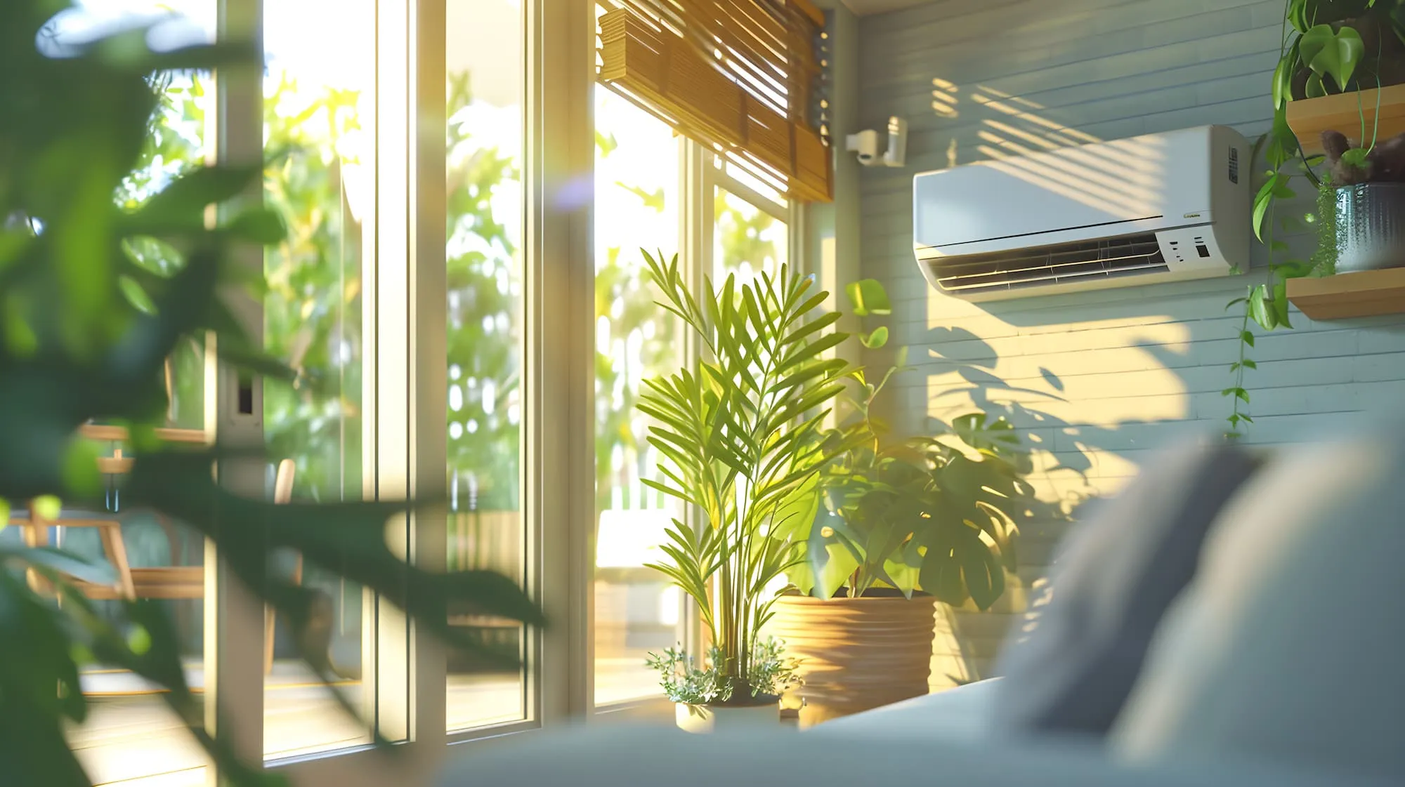 Klimatizace na stěně prosluněné místnosti s pokojovými rostlinami