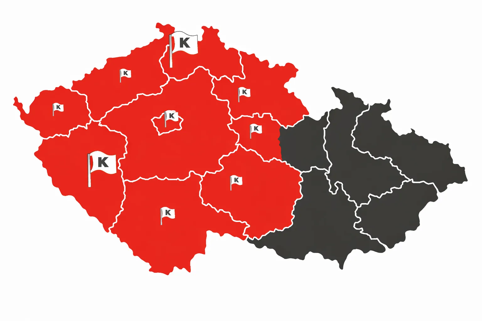 Mapa České republiky s kraji, ve kterých Klimahome montuje, a pobočkami