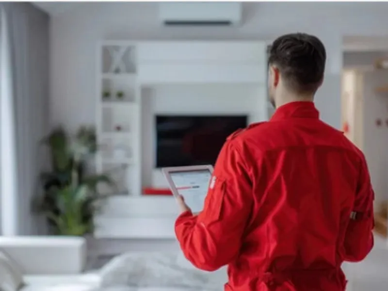 Technik s tabletem provádí zaměření tepelného čerpadla